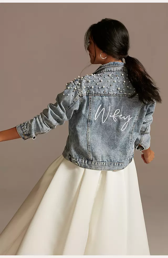 Wifey Pearl and Crystal Studded Denim Jacket Image