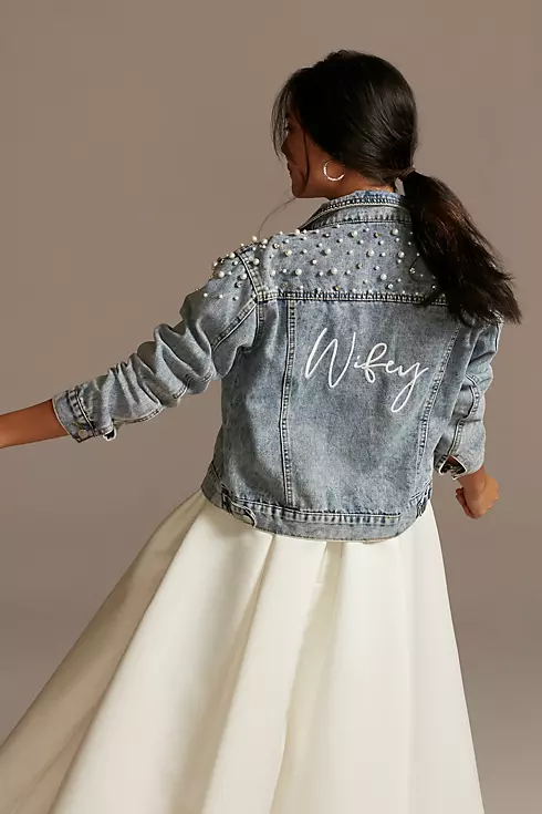 Wifey Pearl and Crystal Studded Denim Jacket Image 1