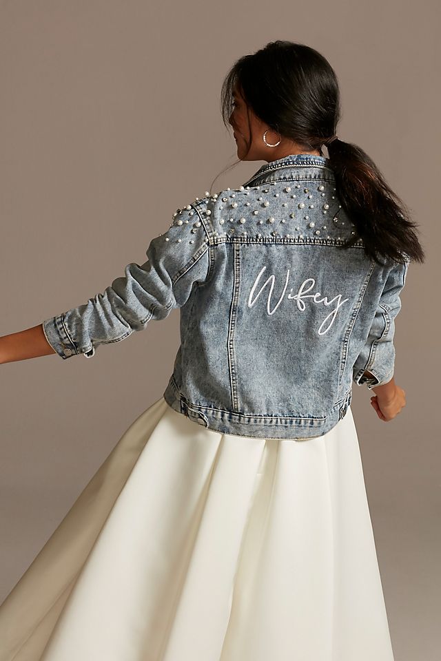 Wifey Pearl and Crystal Studded Denim Jacket Image 1
