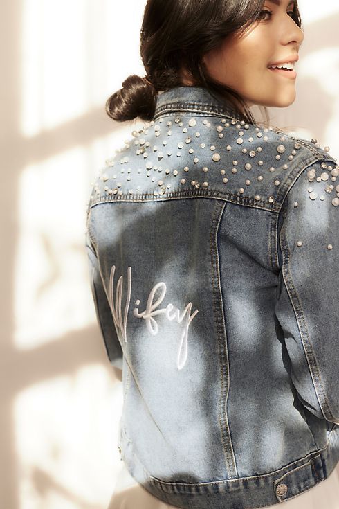 Wifey Pearl and Crystal Studded Denim Jacket Image 4