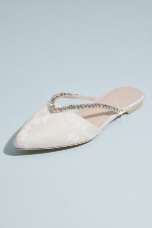 DB Studio White Flat Sandals (Lace Flat Mules with Crystal V Detail)