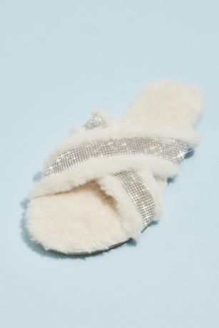DB Studio Ivory Flat Sandals (Crisscross Glitter Strap Fuzzy Slides)