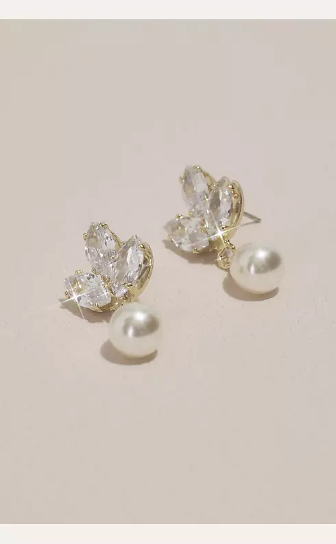 Pearl Drop Earrings with Crystal Leaf Posts Image 1