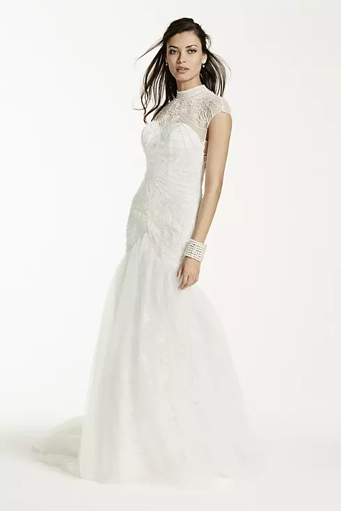 Tulle Over Lace Trumpet Gown with High Neckline  Image 1