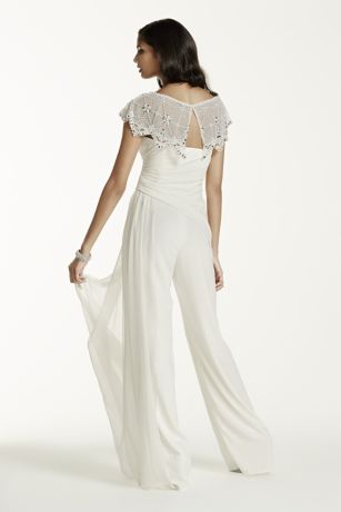 Side Draped Crepe Jumpsuit with Beaded Capelet | David's Bridal