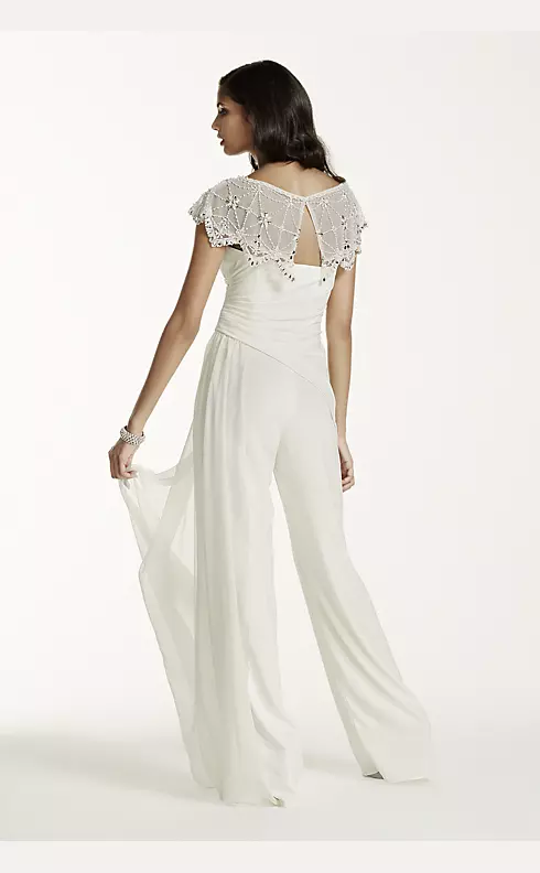 Side Draped Crepe Jumpsuit with Beaded Capelet Image 2