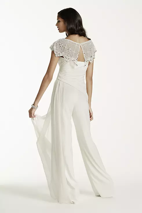 Side Draped Crepe Jumpsuit with Beaded Capelet Image 2