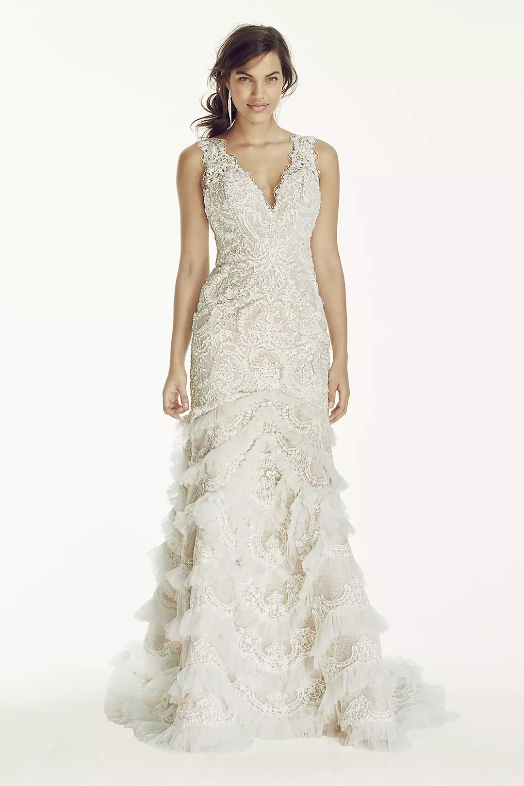 Beaded Lace Wedding Dress with Plunging Neck Image