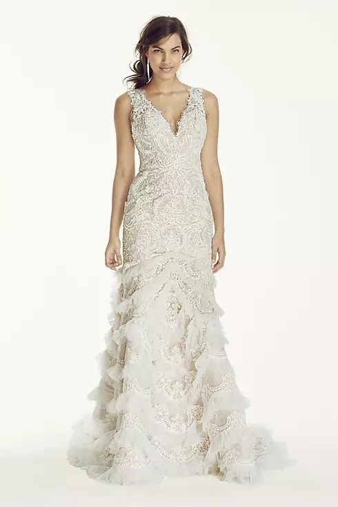 Beaded Lace Wedding Dress with Plunging Neck Image 1