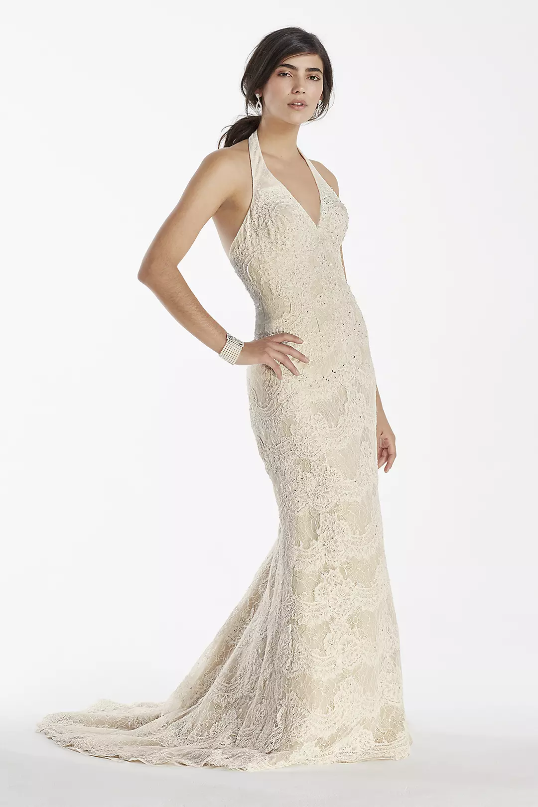 Elegant Moments 1969 Lace and charmeuse halter neck gown.