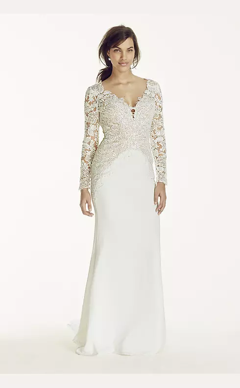 Long Sleeve Beaded Lace Plunge Neckline Gown Image 1