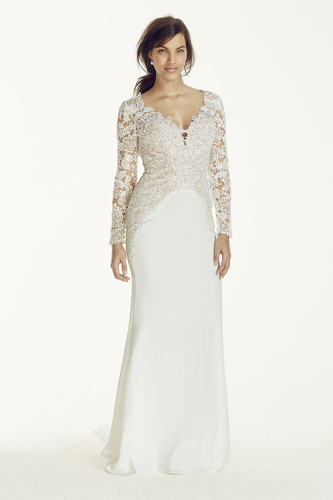 As-Is Long Sleeve Beaded Lace Plunge Neckline Gown Image 1