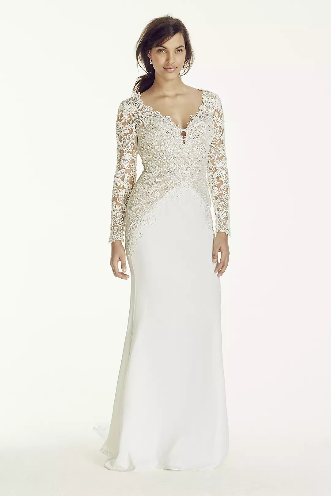 Long Sleeve Beaded Lace Plunge Neckline Gown Image