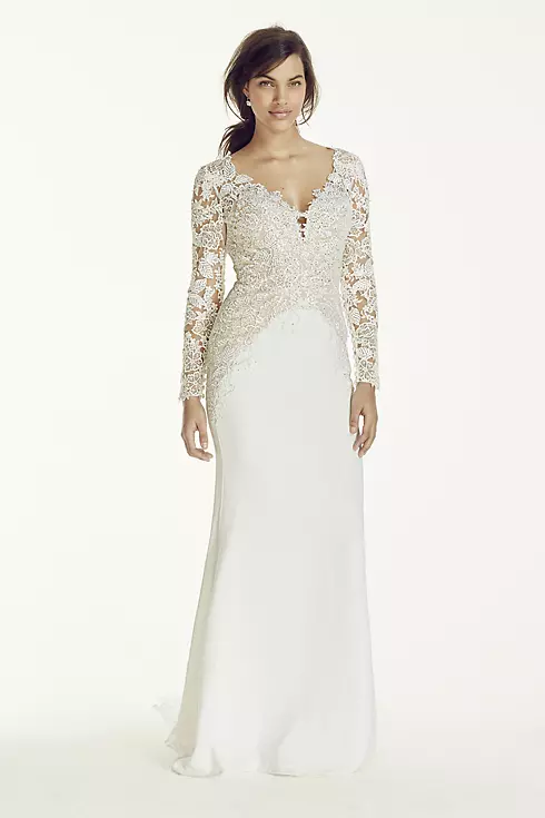 Long Sleeve Beaded Lace Plunge Neckline Gown Image 1