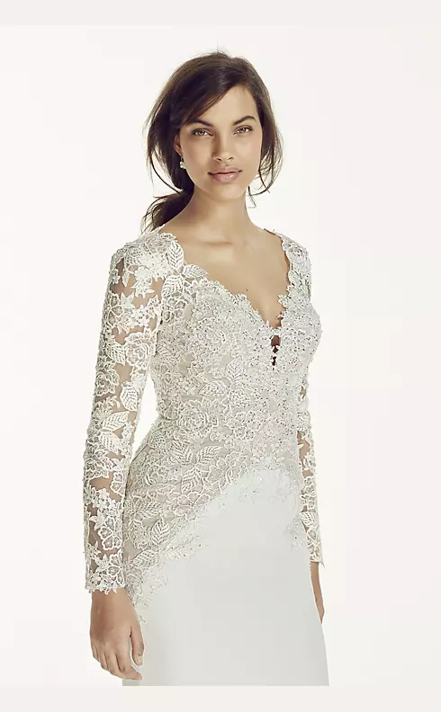 Long Sleeve Beaded Lace Plunge Neckline Gown Image 3