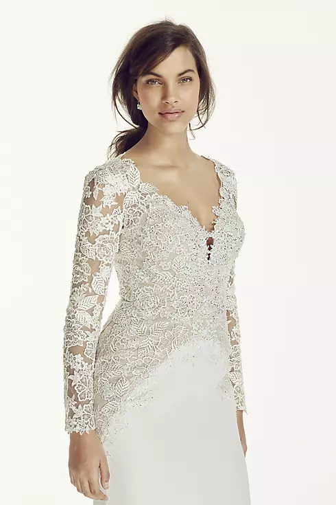 Long Sleeve Beaded Lace Plunge Neckline Gown Image 3