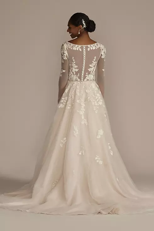 WELLINGTON Embroidered Long Sleeve Satin illusion plunge v-neck A-line  Wedding Dress