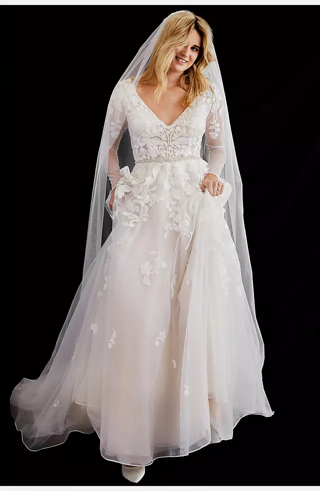 WELLINGTON Embroidered Long Sleeve Satin illusion plunge v-neck A-line  Wedding Dress