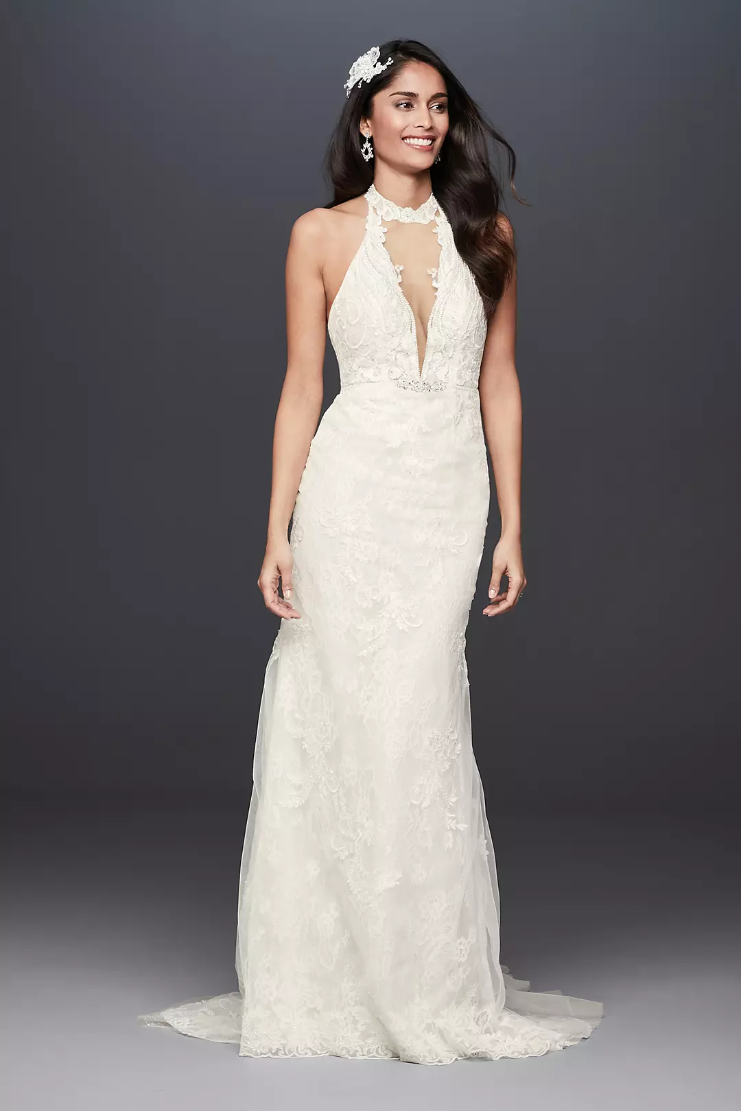 As-Is Plunge Neckline Lace Halter Wedding Dress | David's Bridal