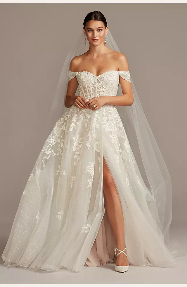 Galina Signature Floral Tulle Wedding Dress with Removable Sleeves 7SWG834 4p Solid Ivory Petite - Solid Ivory, 4p