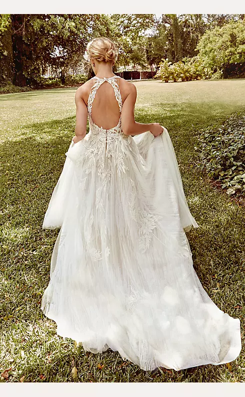 Floral Applique Open Back Bodysuit Wedding Dress Image 12
