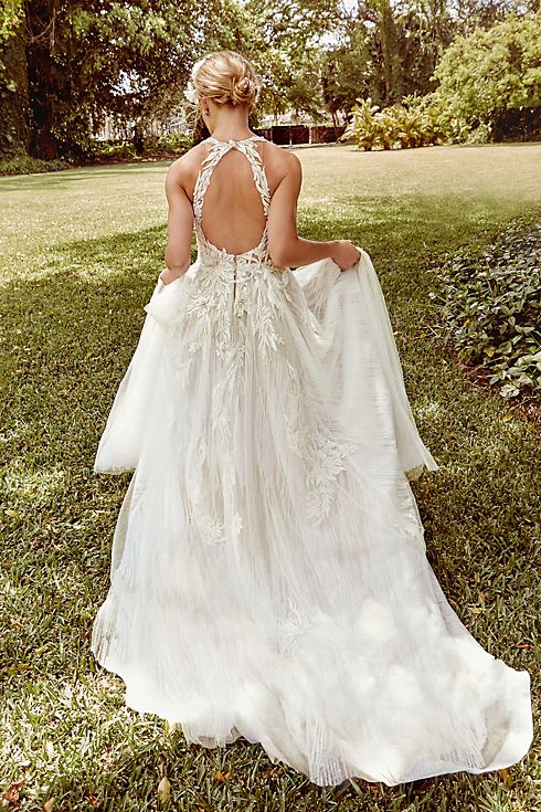 Floral Applique Open Back Bodysuit Wedding Dress Image 13