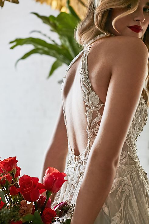 Floral Applique Open Back Bodysuit Wedding Dress Image 9