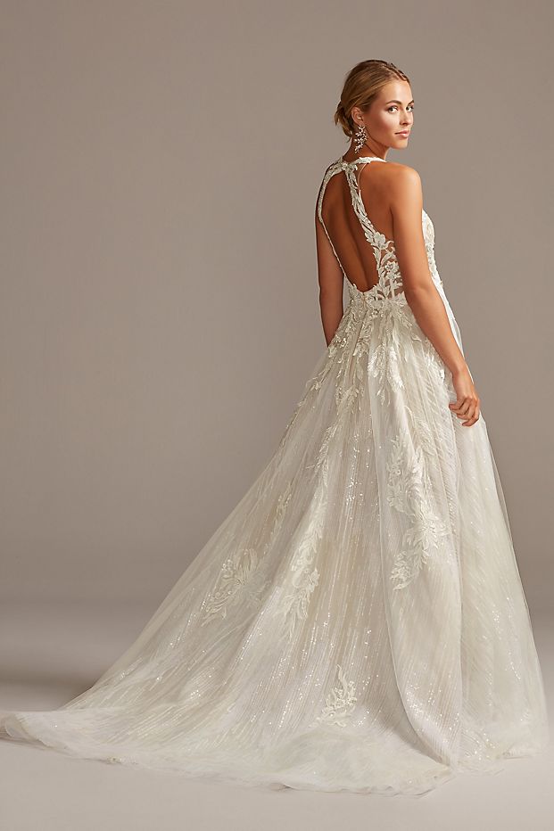 David's Bridal Floral Applique Open Back Tulle Wedding Dress