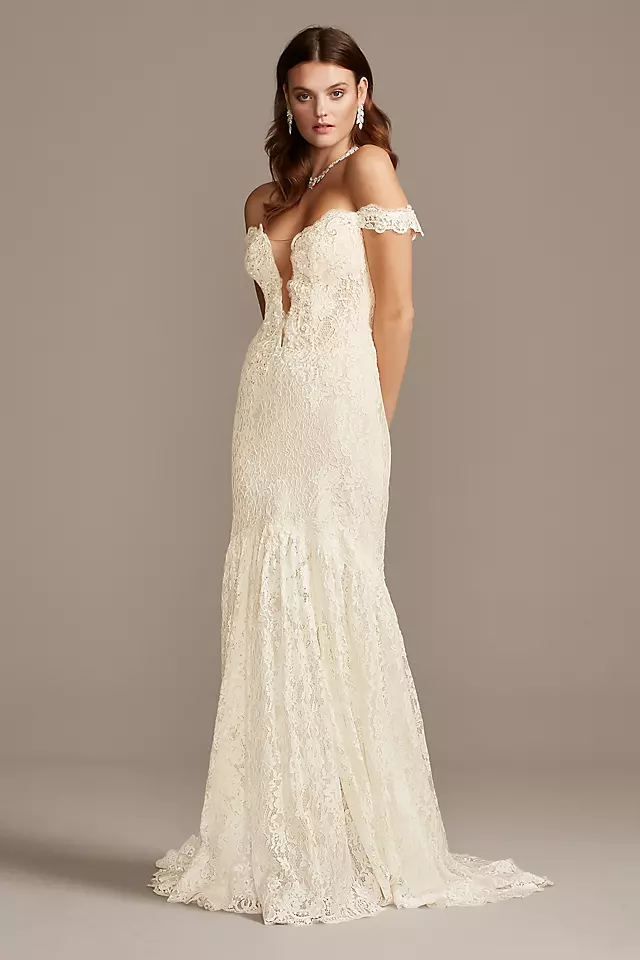 As Is Off Shoulder Plunging Lace Wedding Dress Image