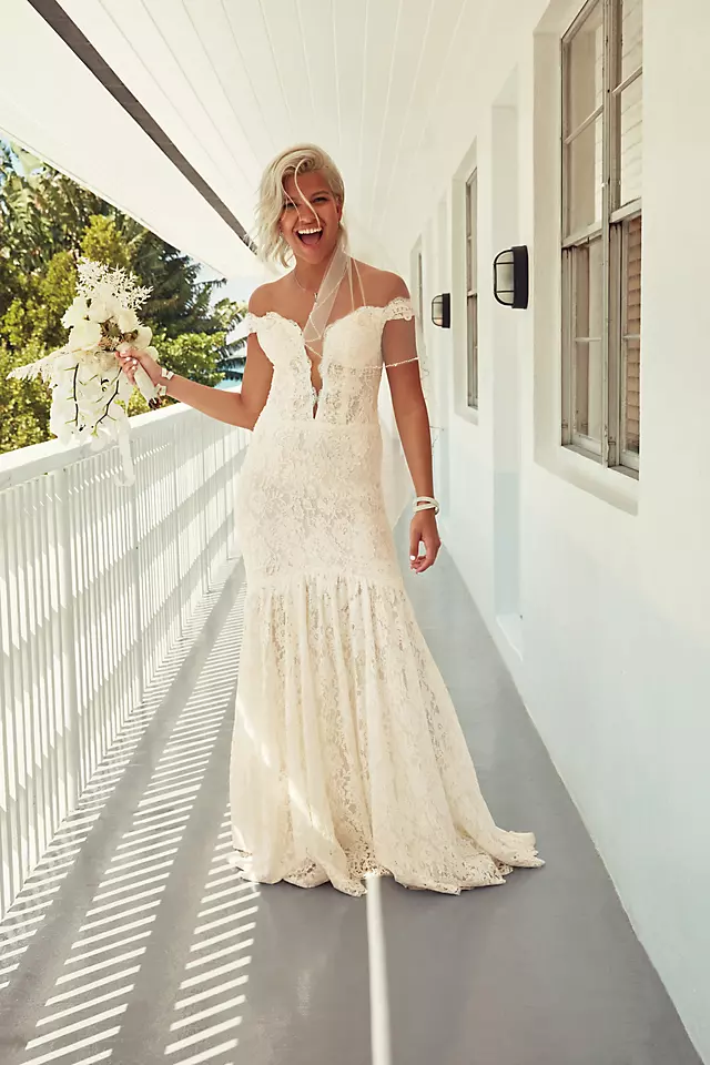 As Is Off Shoulder Plunging Lace Wedding Dress Image 4