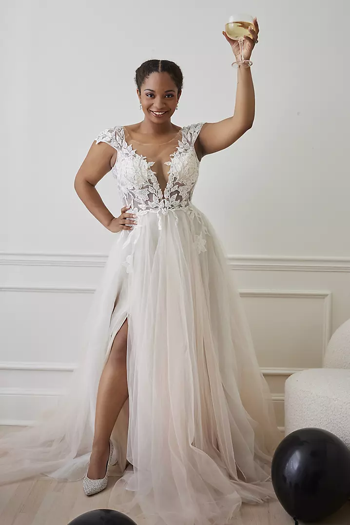 Illusion Cap Sleeve Lace Appliqued Wedding Dress | David's Illusion Cap Sleeve Lace Appliqued Wedding Dress | David's