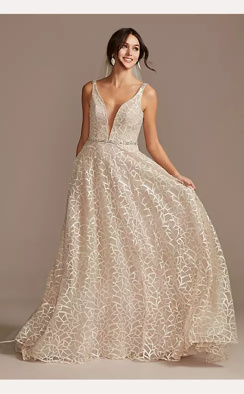 Geometric Sequin Illusion Plunge Wedding Dress Image 1