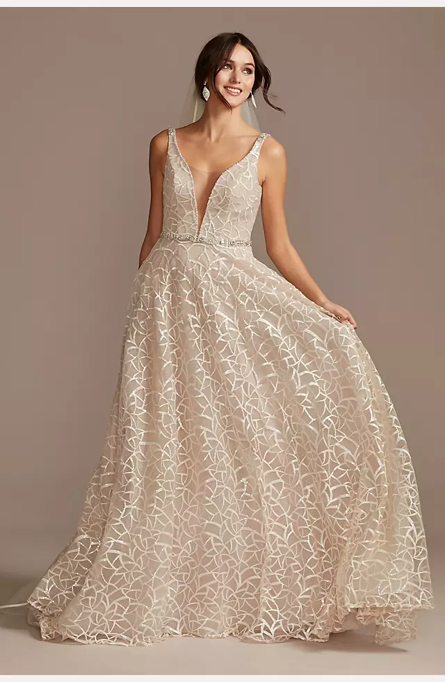 Geometric Sequin Illusion Plunge Wedding Dress Image