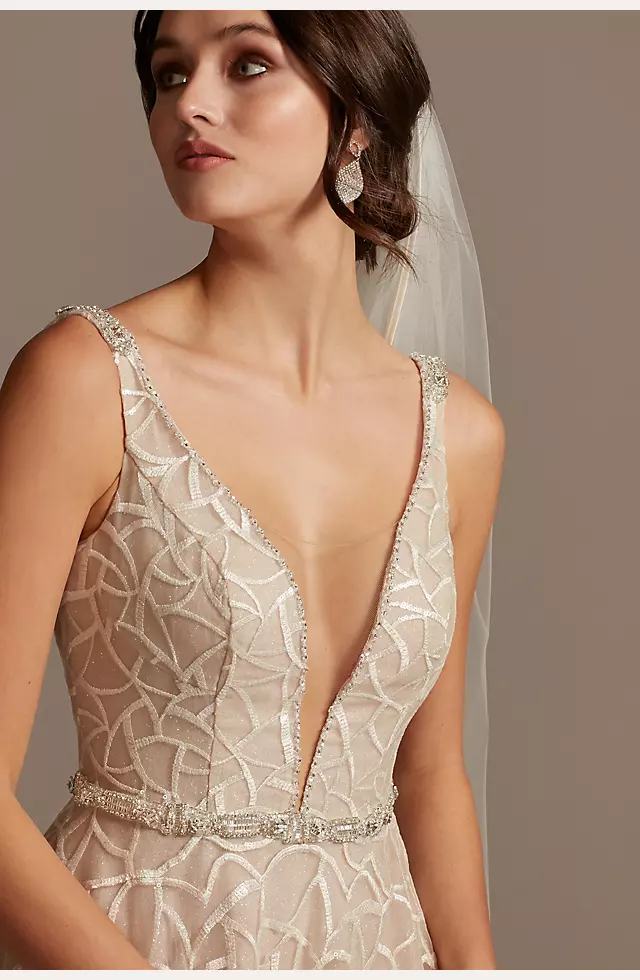 Geometric Sequin Illusion Plunge Wedding Dress Image 3