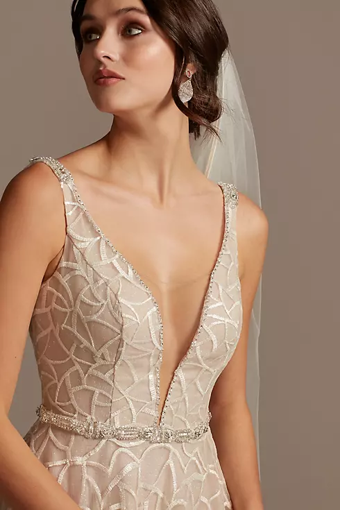 Geometric Sequin Illusion Plunge Wedding Dress Image 3