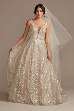 Geometric Sequin Illusion Plunge Wedding Dress