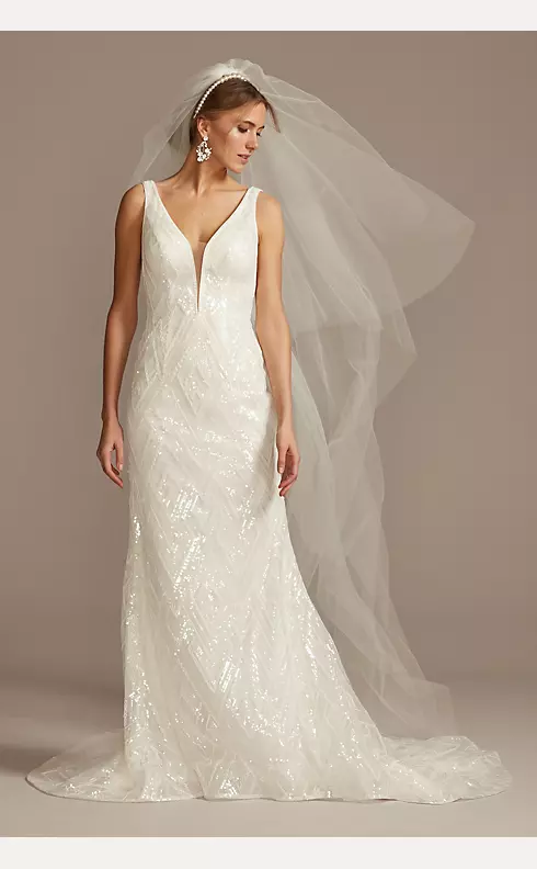 Geometric Beaded Illusion Plunge Wedding Dress Image 1