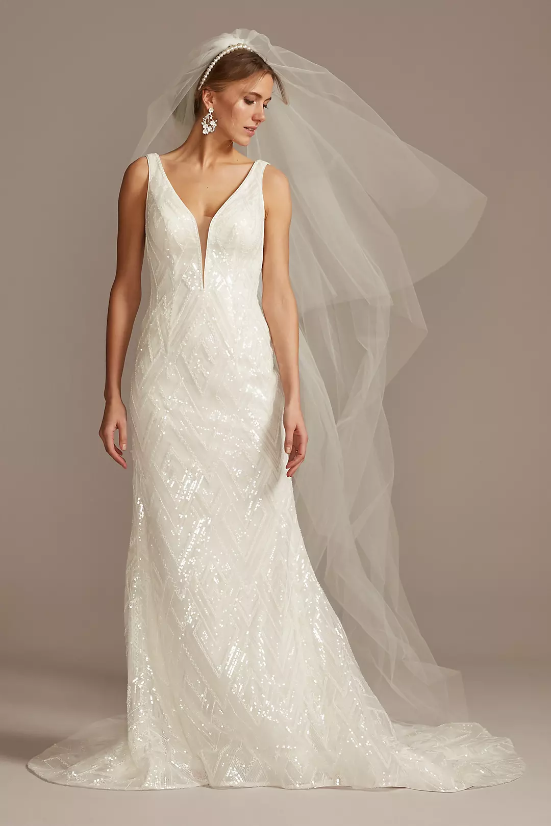 Geometric Beaded Illusion Plunge Wedding Dress Image