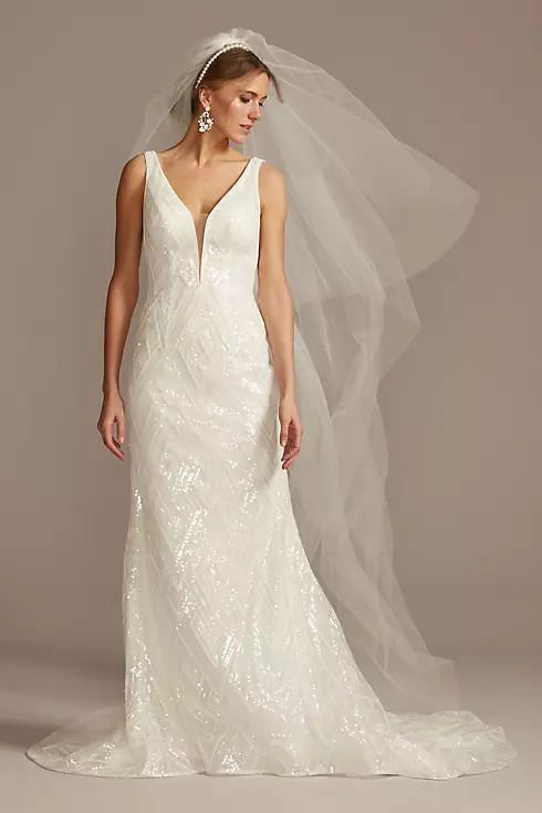 Geometric Beaded Illusion Plunge Wedding Dress Image 1