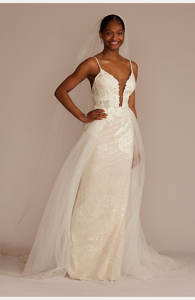 Sequin Applique Wedding Dress with Removable Train | David's Bridal