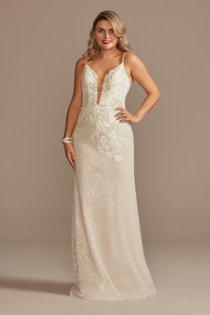 Sequin Applique Wedding Dress with Removable Train | David's Bridal