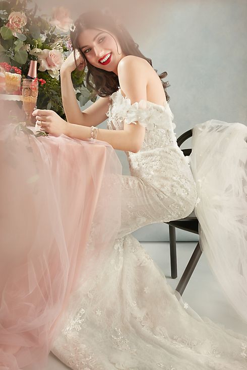 3D Floral Applique Plunge Sheath Wedding Dress Image 9