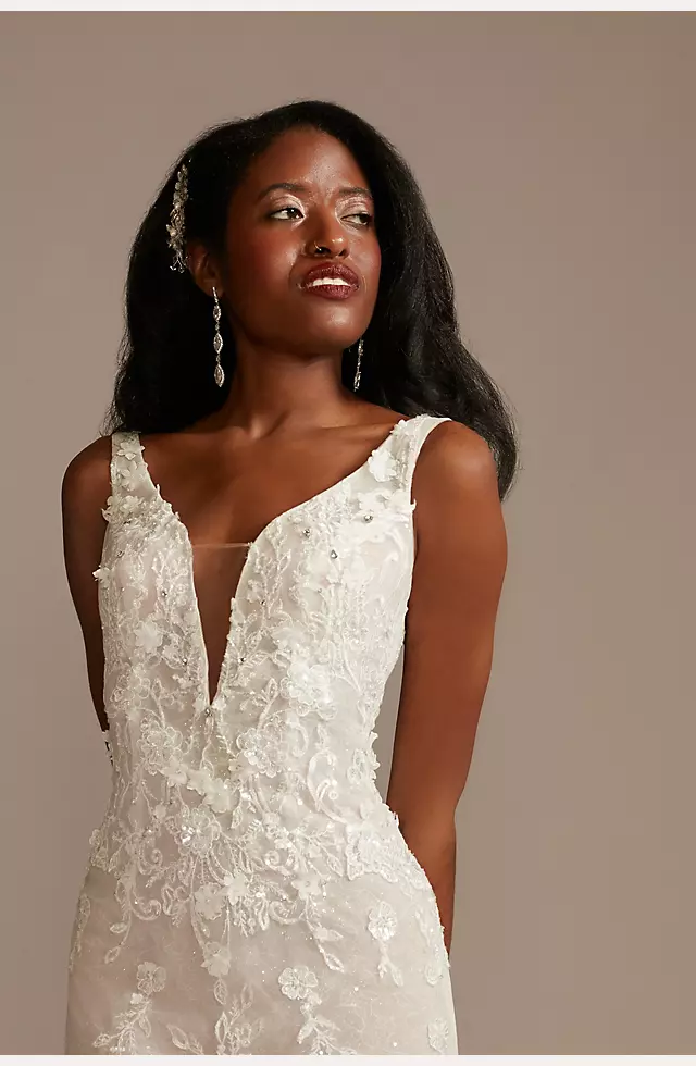 3D Flower Lace Plunge Neckline Wedding Dress with High Slit AWD1833