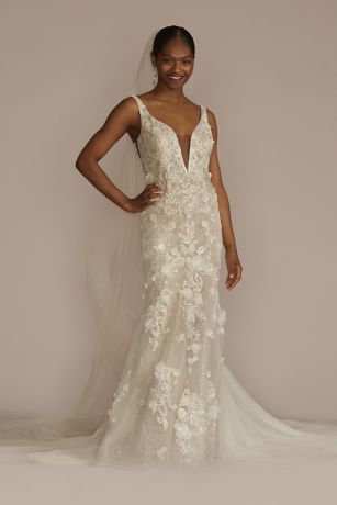 Beaded Lace 3D Floral Plunge Tulle Wedding Dress | David'S Bridal