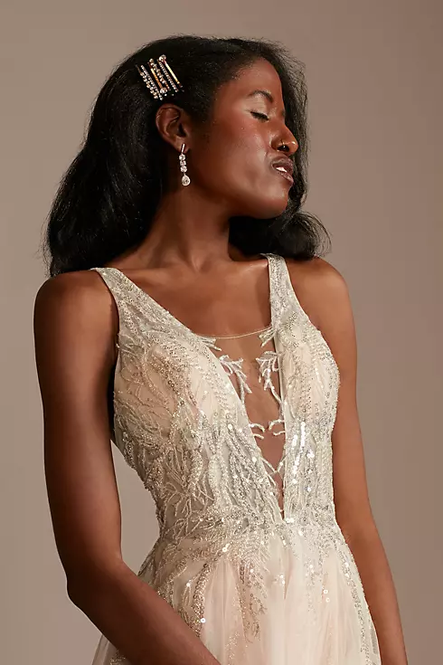 Beaded Applique Plunge Plus Size Wedding Dress Image 3
