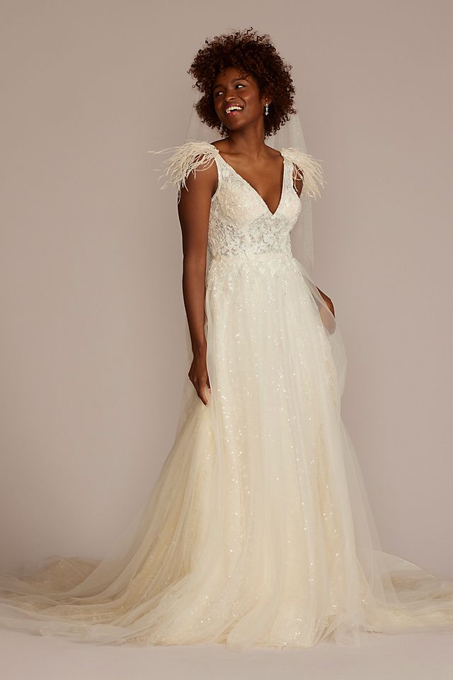 Floral Sequin Feathered Wedding Dress Image 1