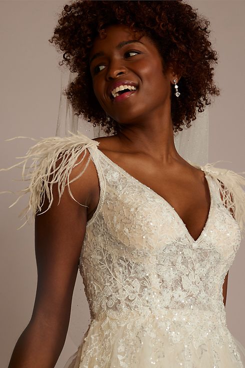 Floral Sequin Feathered Wedding Dress Image 3