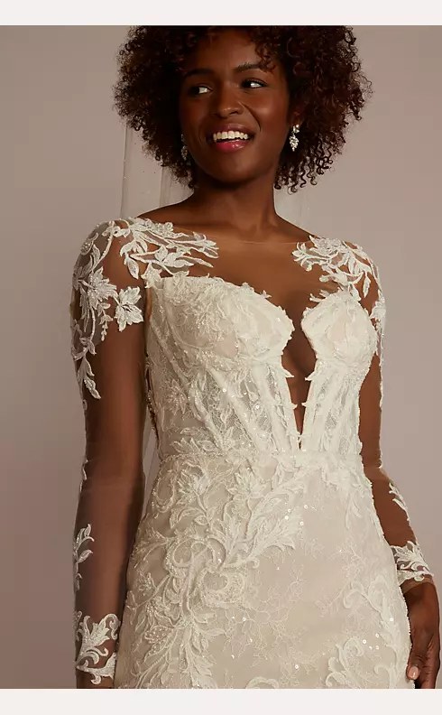 Sexy Lace Wedding Dress with Sheer Bodice and Long Sleeves