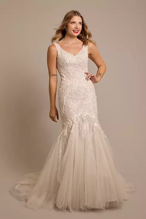 Beaded Lace Applique Tulle Mermaid Wedding Dress Image 1
