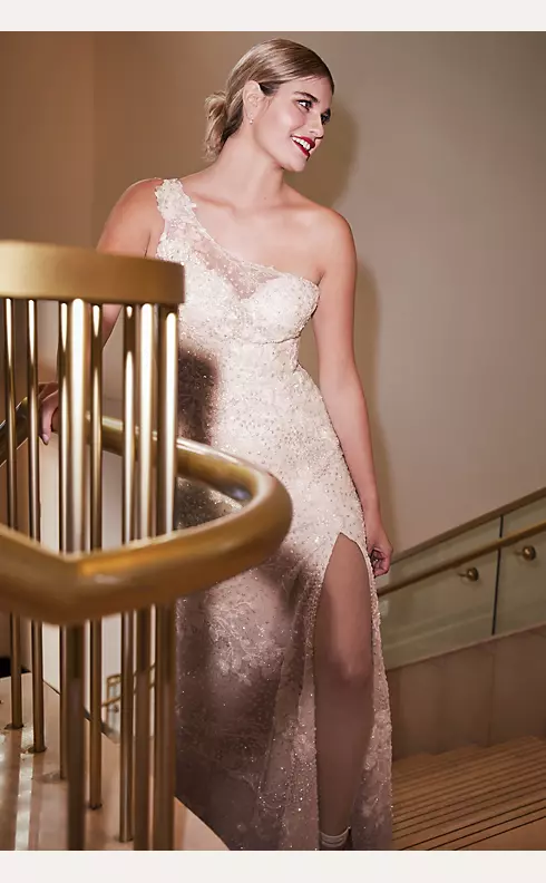 One-Shoulder Beaded Wedding Dress with Overskirt Image 6